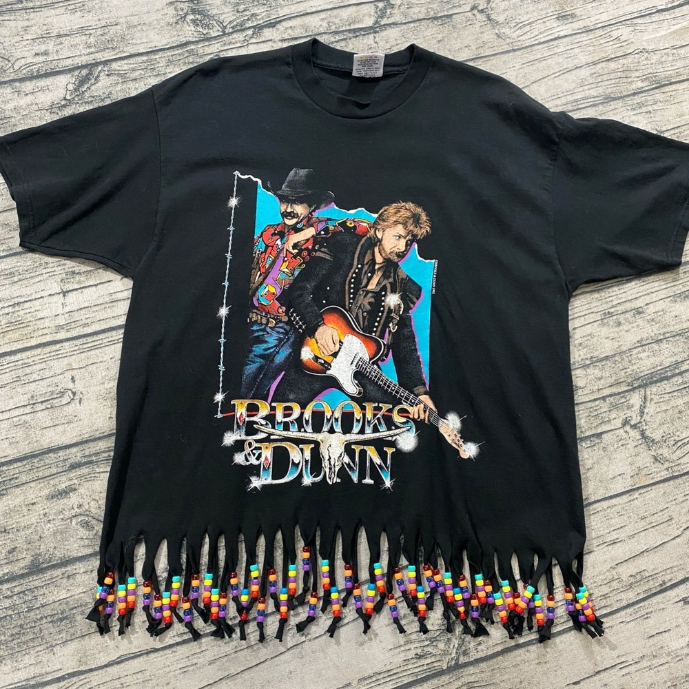 Brooks and Dunn XL Vtg 90s Trail Drive Tee T-Shirt Modified Fringe Beaded OOAK